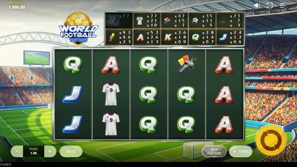 ওয়ার্ল্ড ফুটবল ফরচুনস স্লট গেমের ইন্টারফেস এবং স্টেডিয়াম থিম